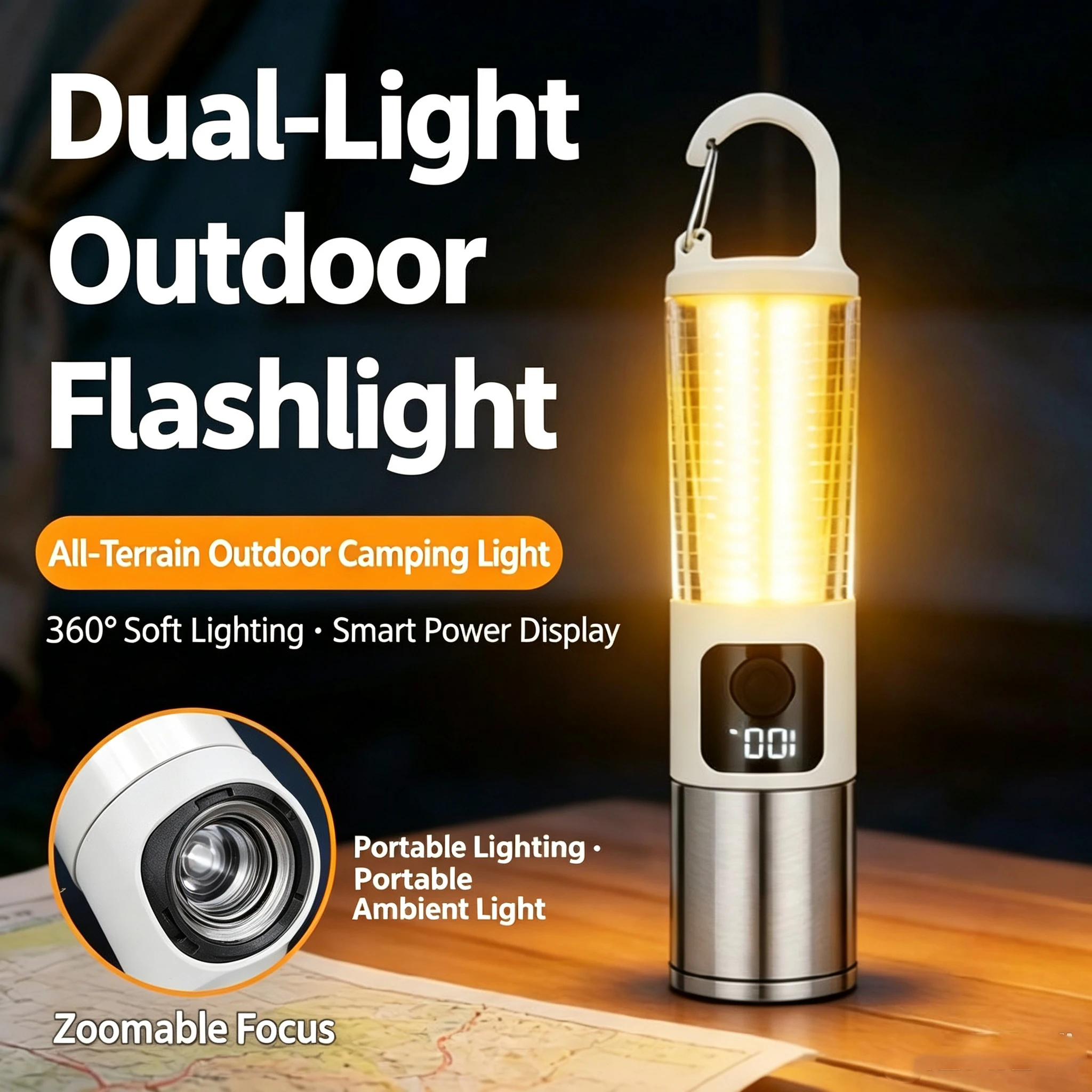 Rechargeable LED Camping Flashlight Dual Light Source Portable Hanging Lantern for Outdoor Camping Emergency