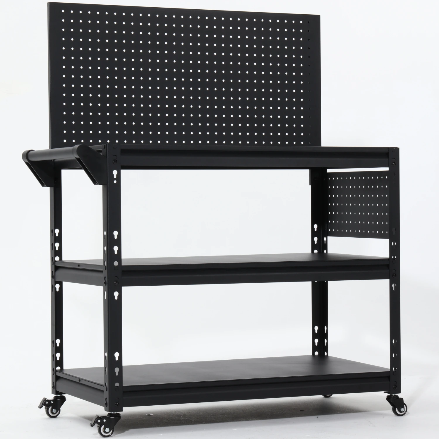 

Workbench with Dual Pegboards 3-Tier Adjustable Rolling Work Table Heavy Duty Metal Tool Bench with Push Handle & Wheels