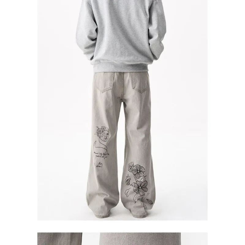 American Retro Hand-painted Graffiti Printed Micro-flare Jeans for Men and Women Loose Floor-length Trousers