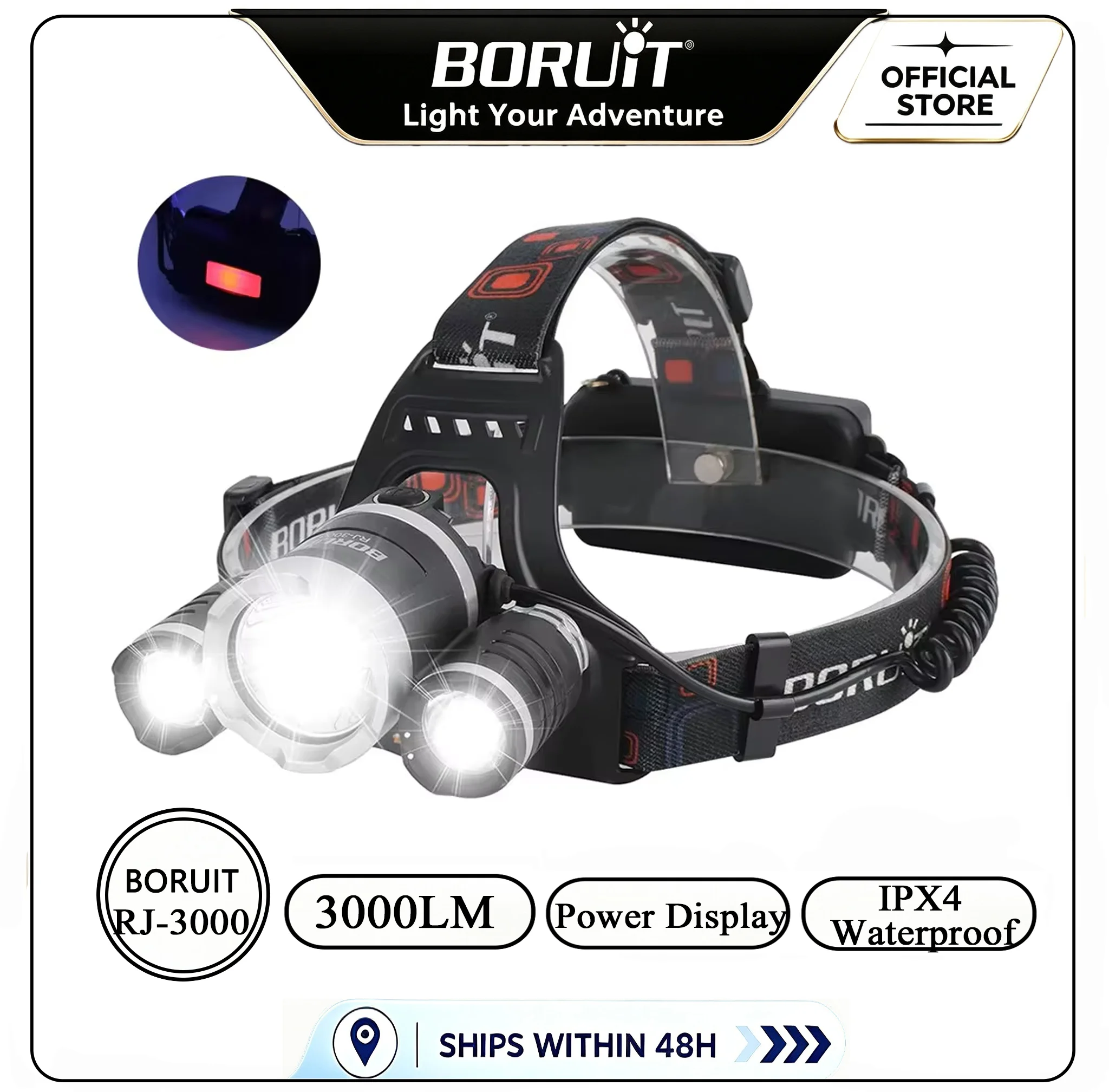 BORUiT RJ-3000 LED Headlamp 3000LM Powerful Type-C Rechargeable Headlight Waterproof Fishing Camping Head Torch Lantern