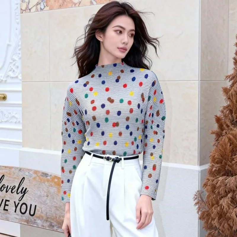 

Miyake Women's Pleated T-shirt 2026 New Printed Long Sleeve Tops Colorful Polka Dot Slim Stretch Lightweight Soft Bottom Shirt