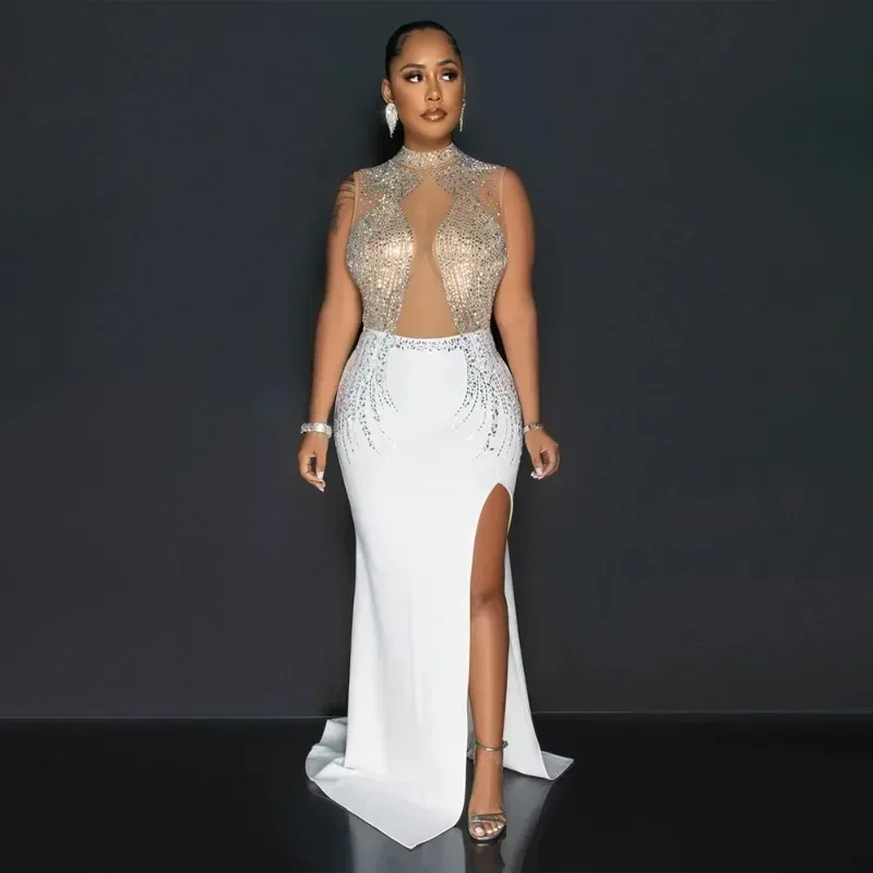 GUWU-Vestido largo sexi de malla transparente con diamantes de imitación para mujer, vestido largo sin mangas con abertura, vestidos de fiesta de noche ajustados