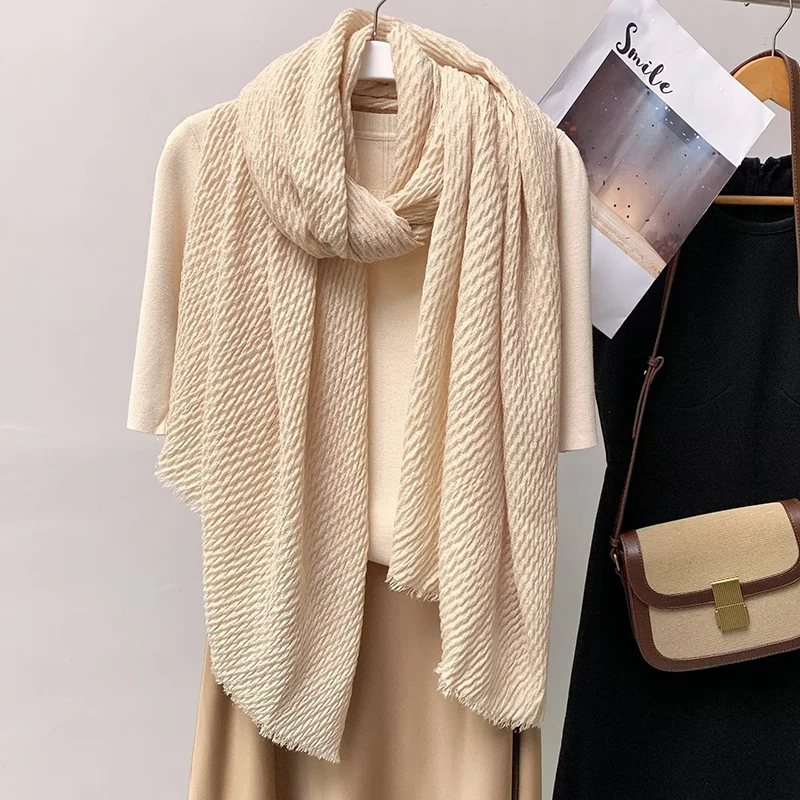 Solid Color Cotton Linen Scarf for Women Lady Long Tassel Scarves Autumn Soft  Wrap Shawls Pleated Tassel Muslim Woman Hijabs