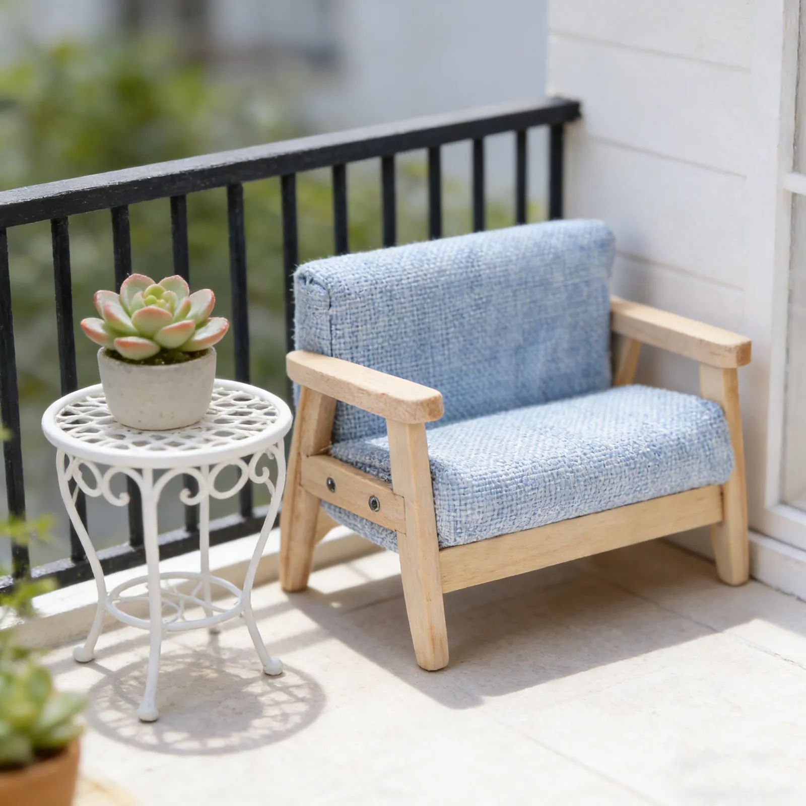 

Miniature Blue Sofa Arm Chair Vintage Wooden Recliner Lying Couch for Dollhouse Living Room Scene Decoration Mini House