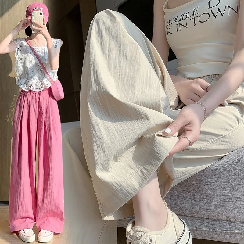 الربيع الصيف النساء فضفاضة بنطال ذو قصة أرجل واسعة عادية مرونة الخصر مستقيم طويل بنطال ذو قصة أرجل واسعة الإناث السراويل النسائية غير رسمية بنطلون
