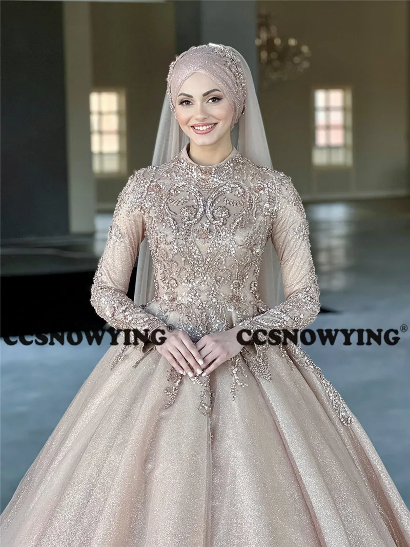 Champagne Tüll Appliques Langarm Hijab Muslimischen Abendkleid High Neck EINE Linie Prom Formale Party Kleid Arabisch Dubai Kaftan