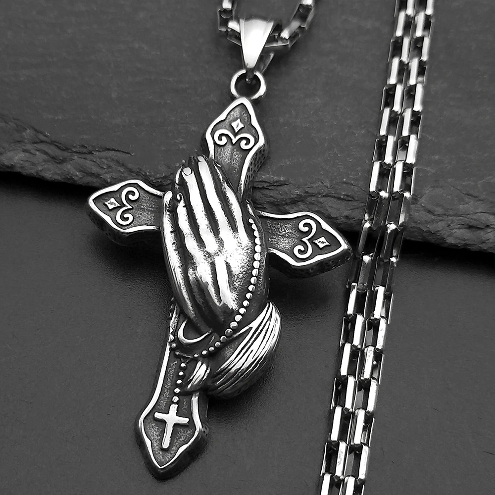 

Stainless Steel Jesus Christian Praying Hand Cross Pendant Necklace for Men Women Retro Silver Color Chain Necklaces Jewelry