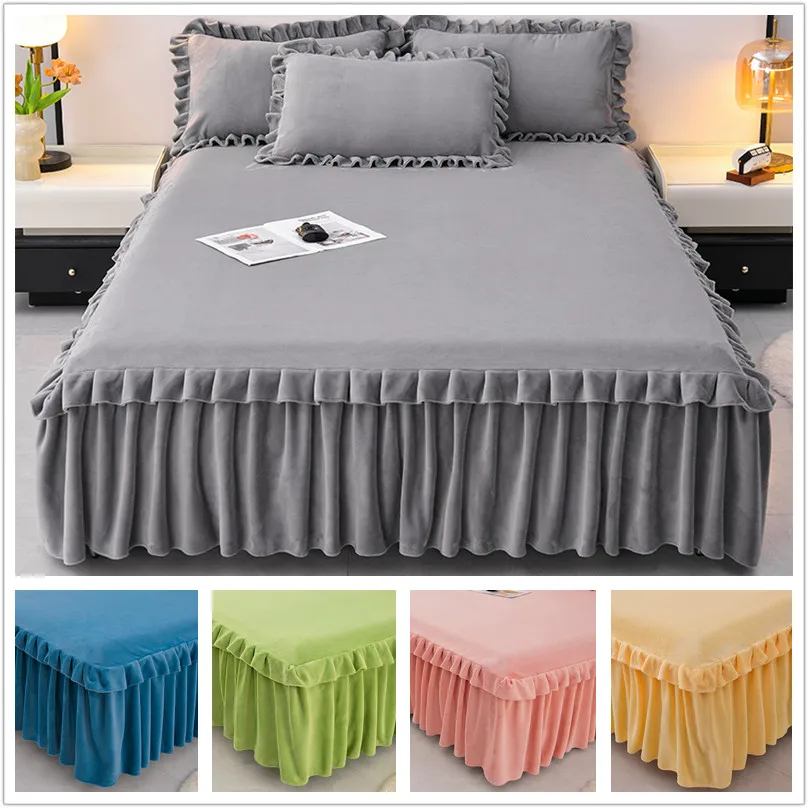 Bonenjoy Bed Skirt Velvet Bedspread Ruffles Bed Cover Skin-friendly Mattress Protector Lace Bedsheet jupe de lit (No Pillowcase)