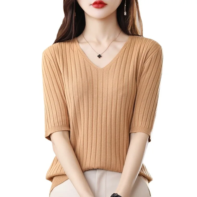 2023 New Spring Summer New Women's V-neck Short-Sleeved Exquisite Cashmere Knitted Sweater Pullover Solid Color