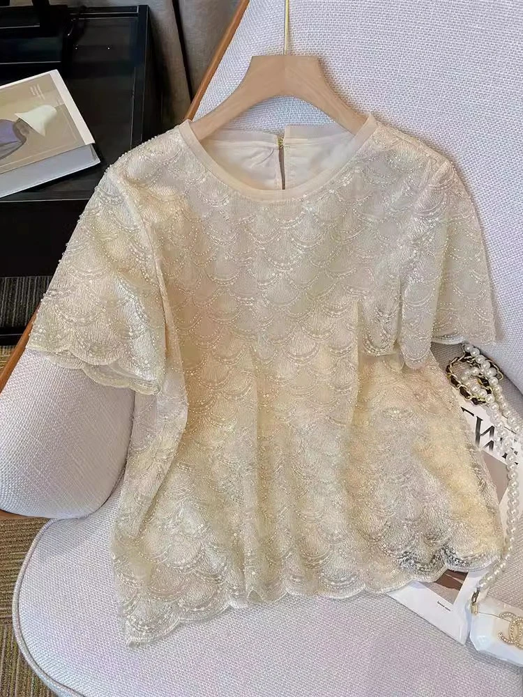 

Женская футболка Moodor с коротким рукавом, круглым вырезом, свободного кроя, тонкая, летняя, с яркими пайетками, повседневная, элегантная, модная