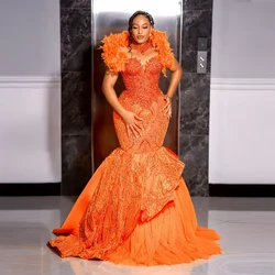 Orange Aso Ebi Mermaid Prom Dresses Lace And Feather Plus Size African Women Evening Gowns Tulle Sweep Train Formal Party Dress