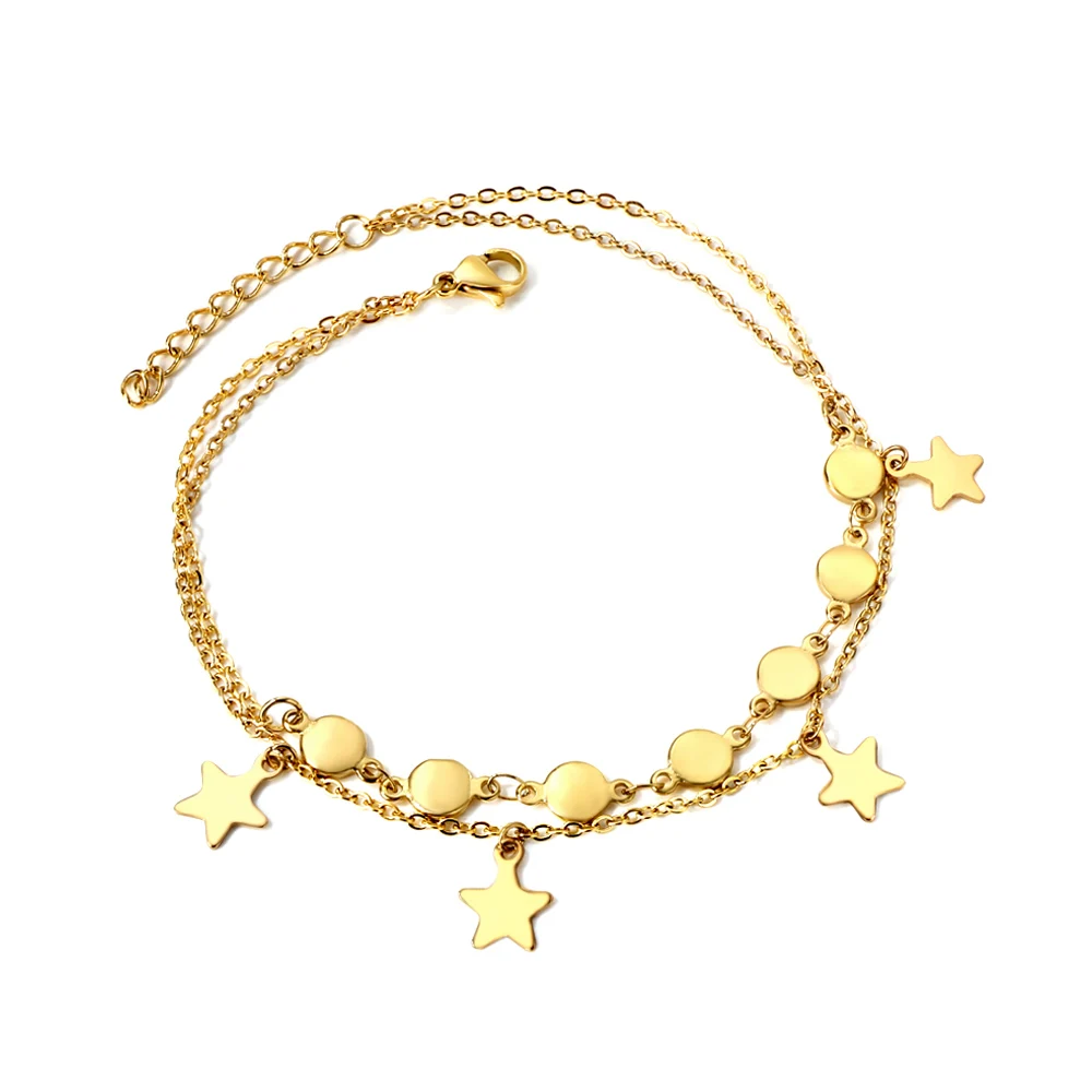 Bohemia Five-pointed Star Double Layered Anklets High Quality Stainless Steel Metal Tag Pendant Ankle For Women Summer Gifts