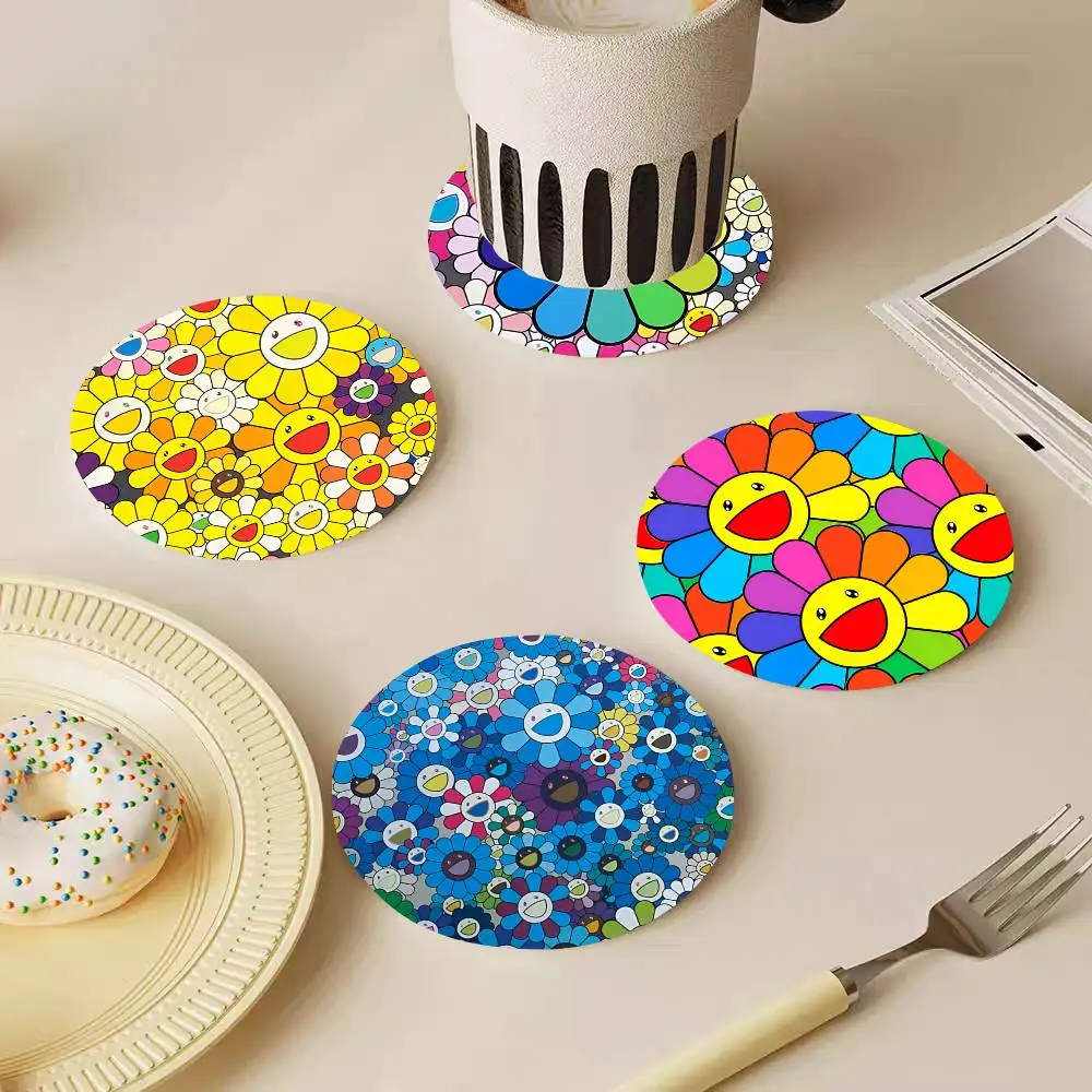 Cute T-Takashi Flowers M-Murakami Round Wooden Coasters Suitable For Restaurants And Coffee Home Gift Choice Holidays