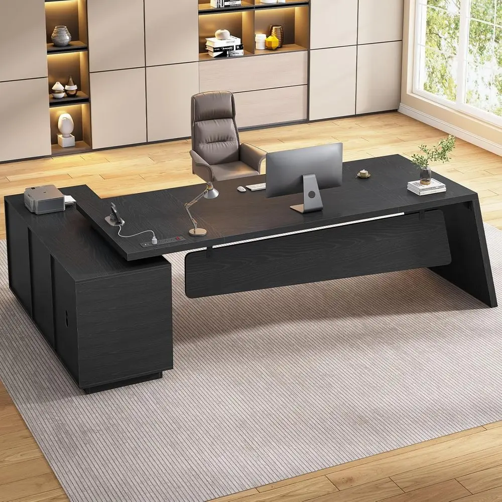 

78-дюймовый угловой офисный стол руководителя с электроприводом, выдвижными ящиками для хранения и картотечным шкафом, черная офисная мебель