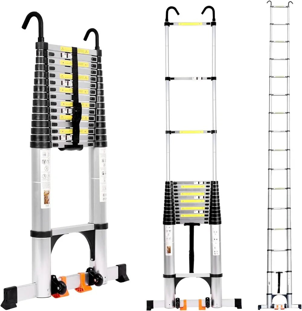 

FEETE Telescoping Ladder, Aluminium Extension Ladder w/Triangle Stabilizers , Retractable Telescopic Ladder for Home