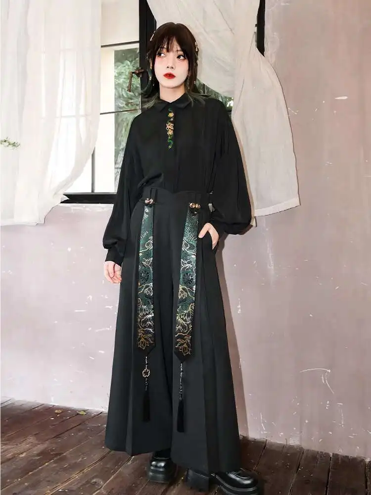 New Chinese Style Weaving Gold Serpentine Ribbon Wide Leg Pants Loose And Comfortable Guofeng Versatile Black Pants