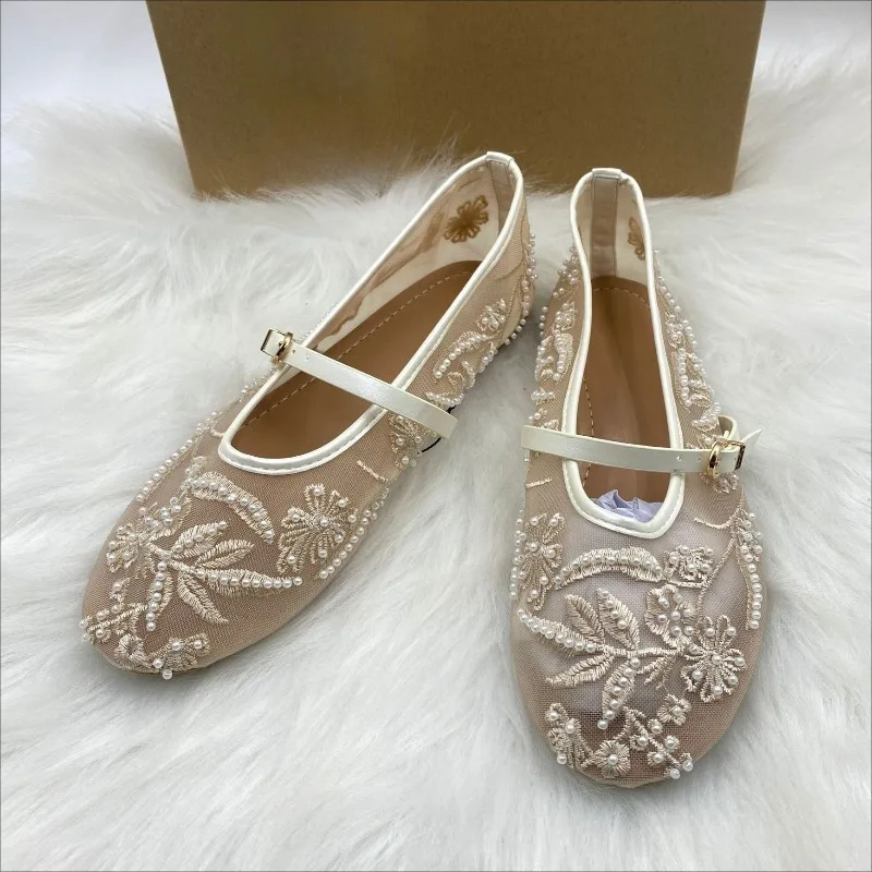 

Женские балетки на плоской подошве с сетчатой вышивкой и бусинами, дышащие женские туфли Мэри Джейн с круглым носком и пряжкой, брендовый дизайн, мягкая подошва