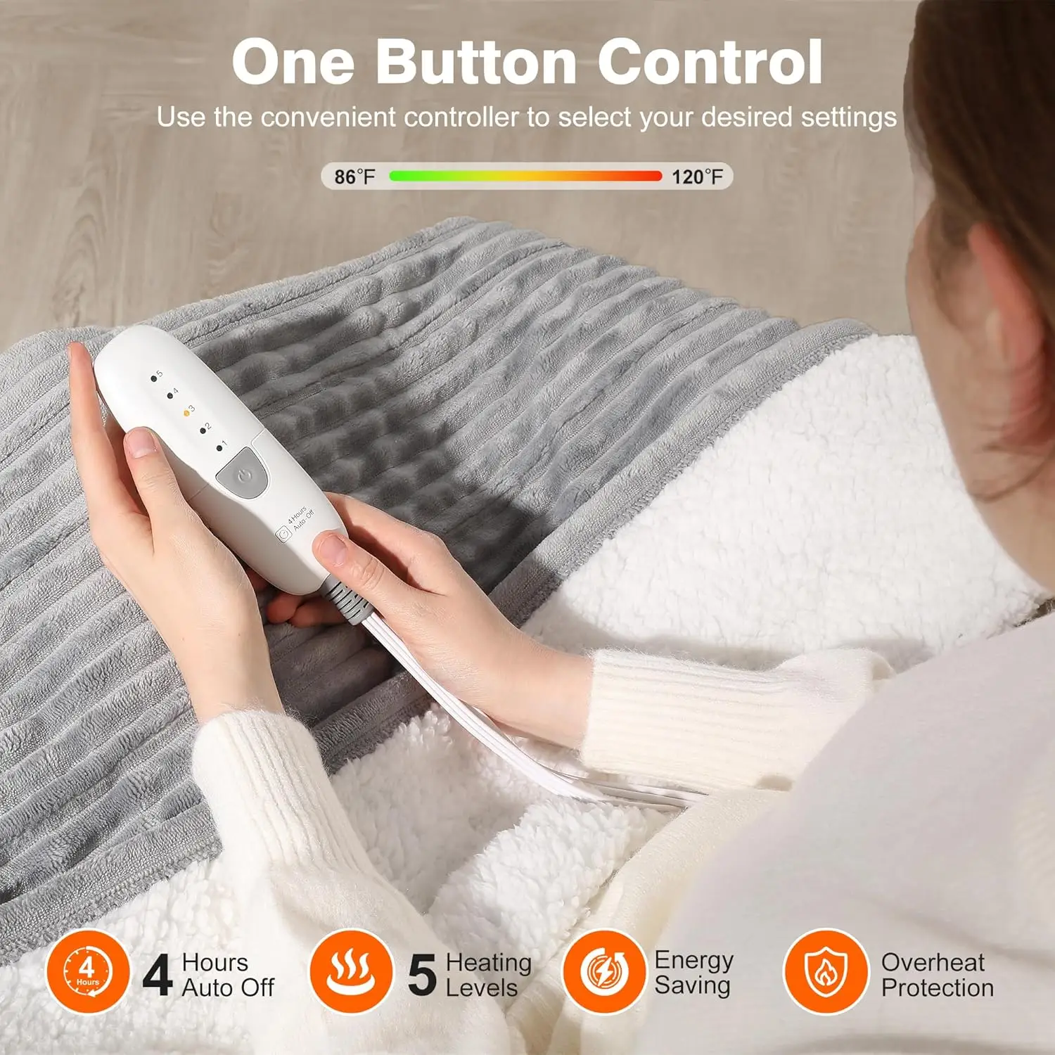 50x60 Electric Heated Throw Blanket, 5 Heat Settings, Auto Shutoff, Machine Washable, Light Grey