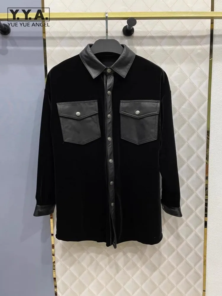 

Patchwork Genuine Leather Velvet Shirt Office Ladies Elegant Blouses Fashion Top Single Breasted Spring Womens Casual Shirts