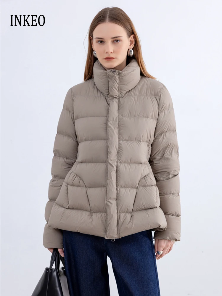 Damska kurtka streetwearowa z puchu kaczego, dopasowana, zimowa 2025, z wysokim kołnierzem, długi rękaw, puchowa kurtka, codzienna, jednolita, ciepła odzież wierzchnia INKEO DJ574