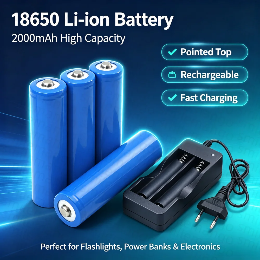 New Original 18650 3.7 v 2000 mah Rechargeable Battery ICR18650 with Pointed Charger For Flashlight Batteries 18650 LI-Ion