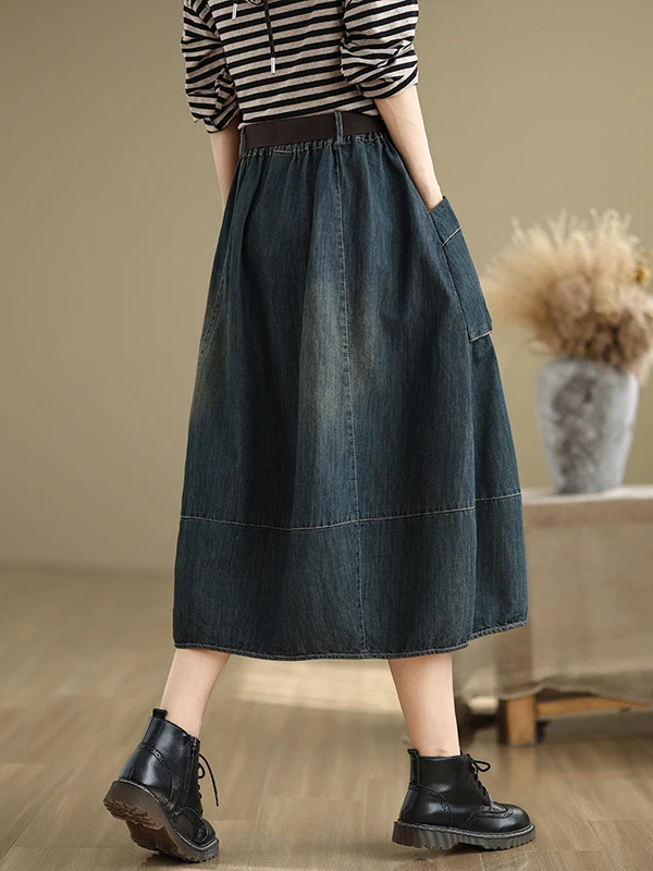 Saia Jeans Plus Size em A para Mulheres, Primavera e Outono, Cintura Elástica, Solta, Casual, Versátil, Crimento Médio, Co...