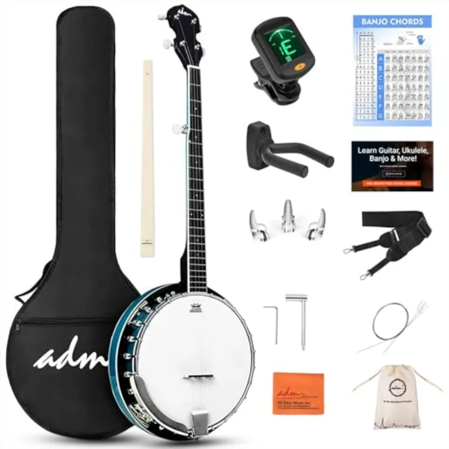 Banjo 5 String Full Size Banjoes Set, 38 Inch Beginner Banjo Kit with Resonator, Remo Drum Head, Open or Closed Back, Gift Pack