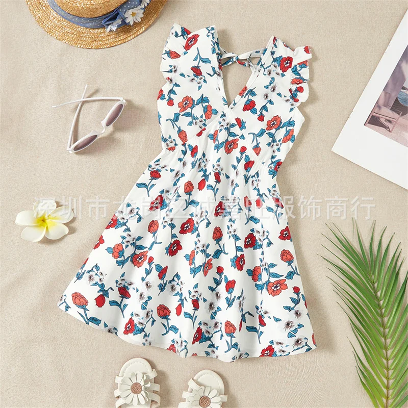 Parent-child Backless Dress Mummy Daughter Summer Floral Vestidos Children Printed V-neck Gown Family Short Sleeve Clothing  Q..