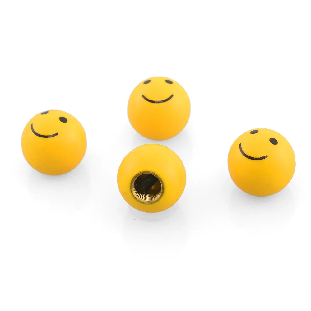 4Pcs Universal Bicycle Motorbike Car Tire Valve Cap Funny Yellow Smile Face Ball Wheel Dust Covers Valve Stem Sphericity Caps