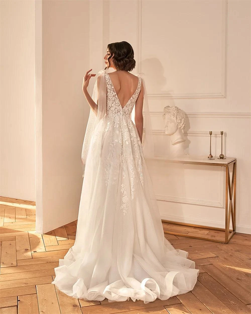 Robe de mariée civile à col en V, appliques en fibre de dentelle, patients dos nu, quel que soit le balayage, personnalisé sur mesure