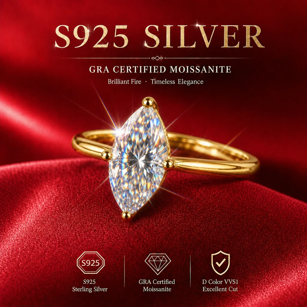 18k Gold Adjustable Moissanite Ring Sparkling Marquise Design S925 Sterling Silver with GRA Certificate Diamond Tester Approved