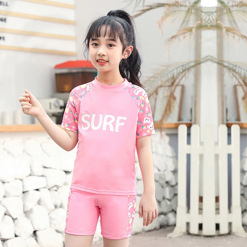 Kids Girls Swimwear Children's Swimsuit Kids Tops+ Short Pants with Hat Swimming Clothes For Girl Beachwear Youth Swim 3pcs Set