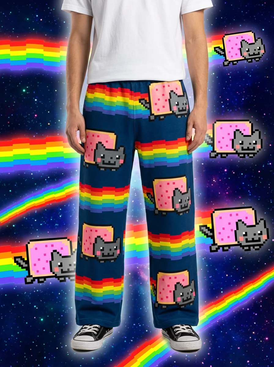 Vintage Grey Nyan Cat Rainbow Pixel Cat Sweatpants Y2K Streetwear