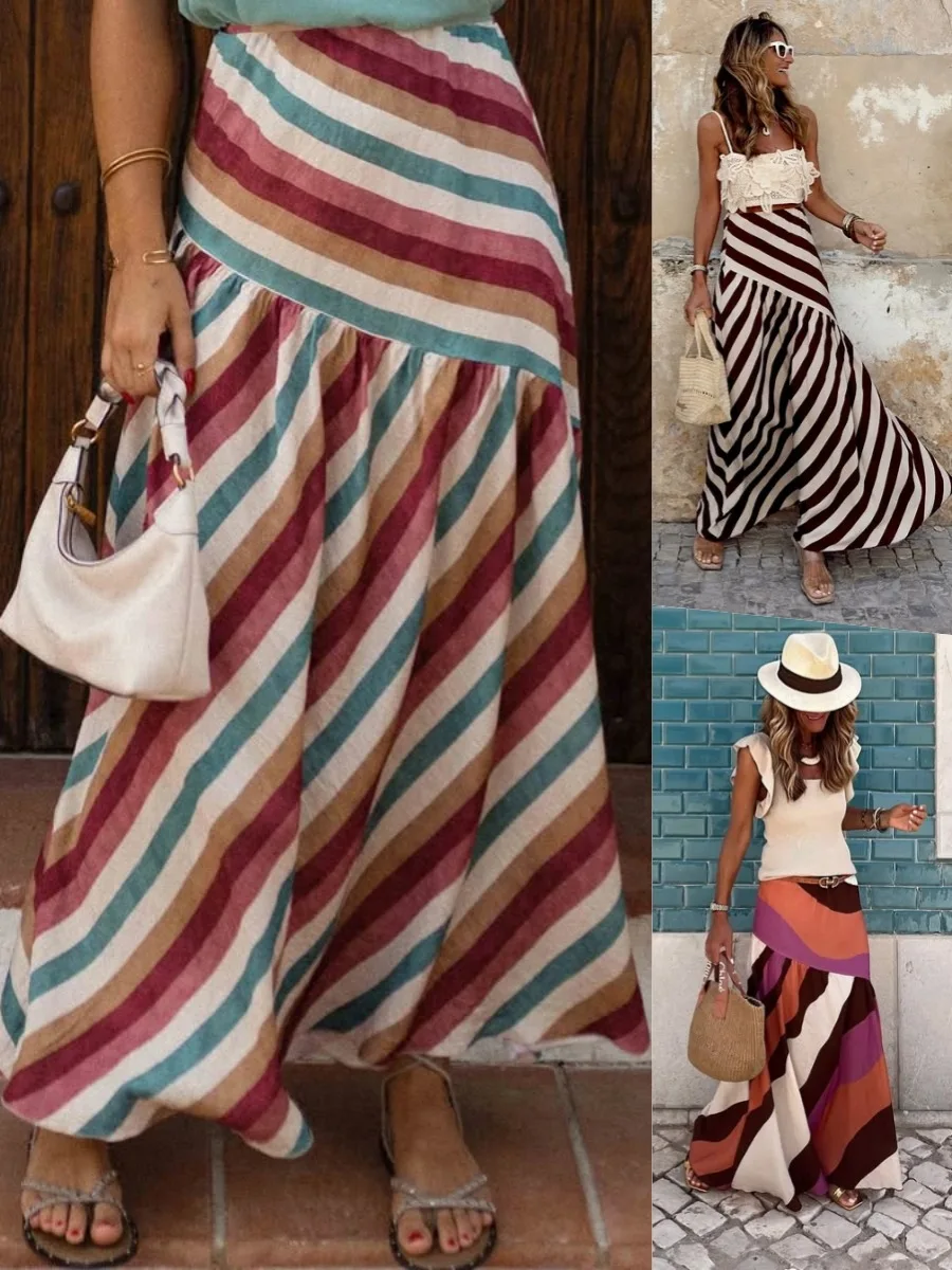 

Элегантные женские длинные юбки трапециевидной формы в полоску, винтажные женские юбки с эластичной резинкой на талии, летние повседневные плиссированные полуюбки с высокой талией