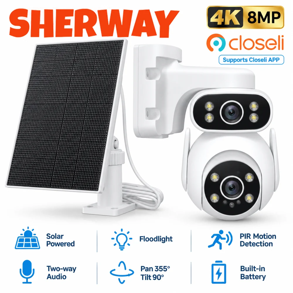 4K Solar Security Camera Outdoor Wireless 360° PTZ Dual Lens WiFi  Camera 8MP Color Night Vision PIR Solar Powered Surveillanc
