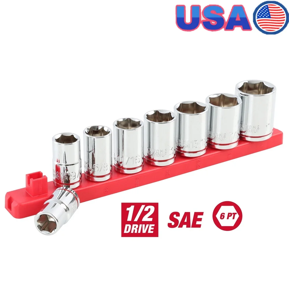 

9-Piece 1/2 Inch Drive SAE Socket Set Chrome Vanadium Steel with Color Coded Bands and Reusable Socket Rail Mechanical Repair