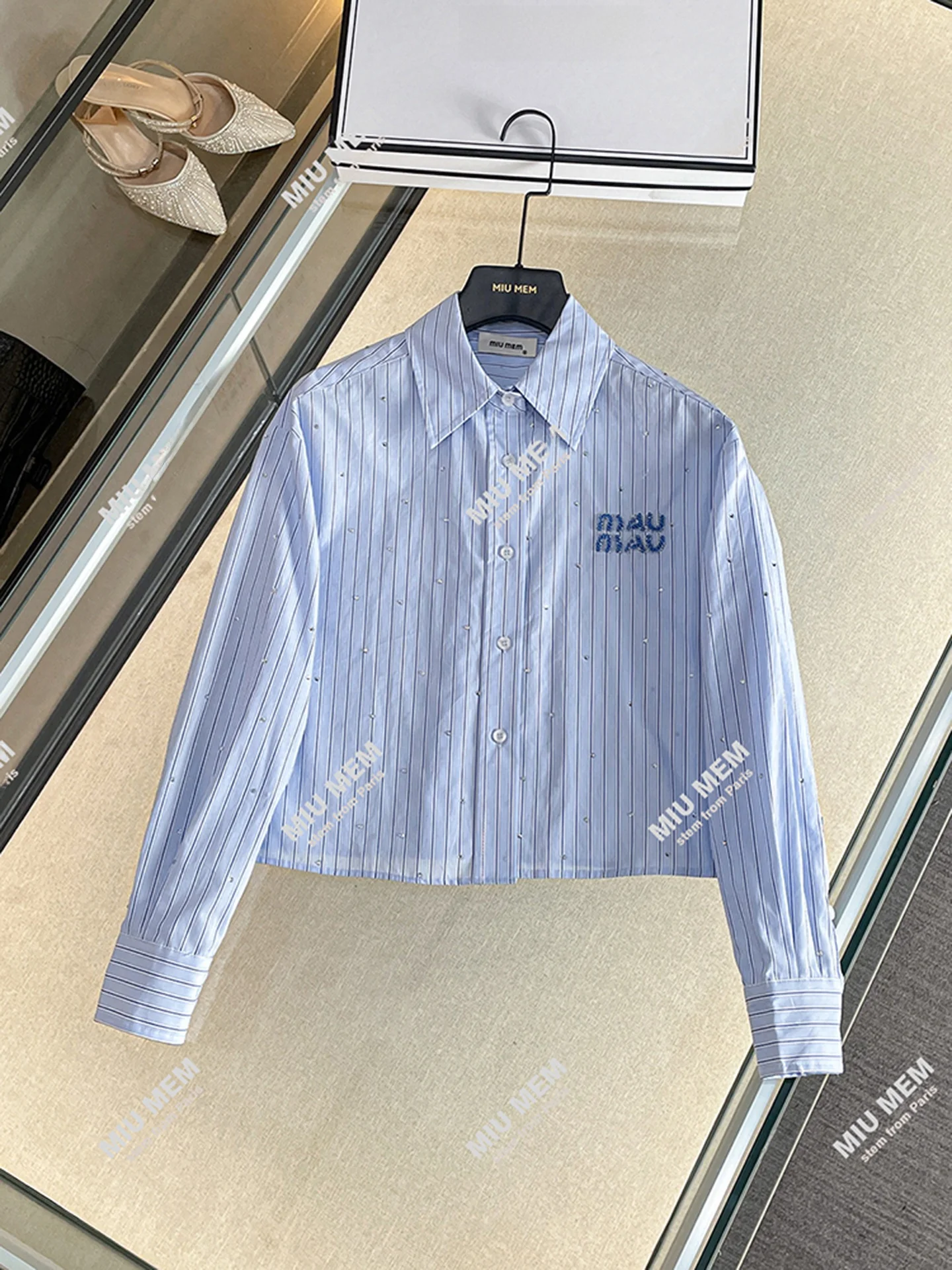 

Blue Striped Rhinestone irt Women's Faionable Versatile Age-Defng Autumn 2025 Straight Cut Long Sve Button up Top