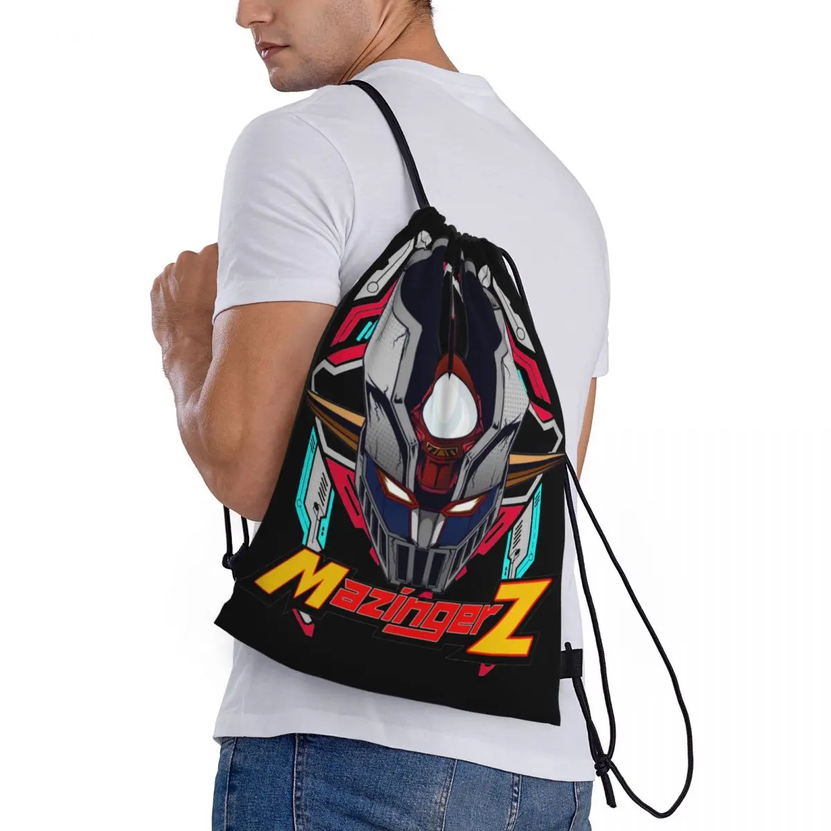 Mazinger Z Neon Drawstring Mochila Esportiva, Gym Sackpack, Japão Cartoon Robot String Bag para Viajar