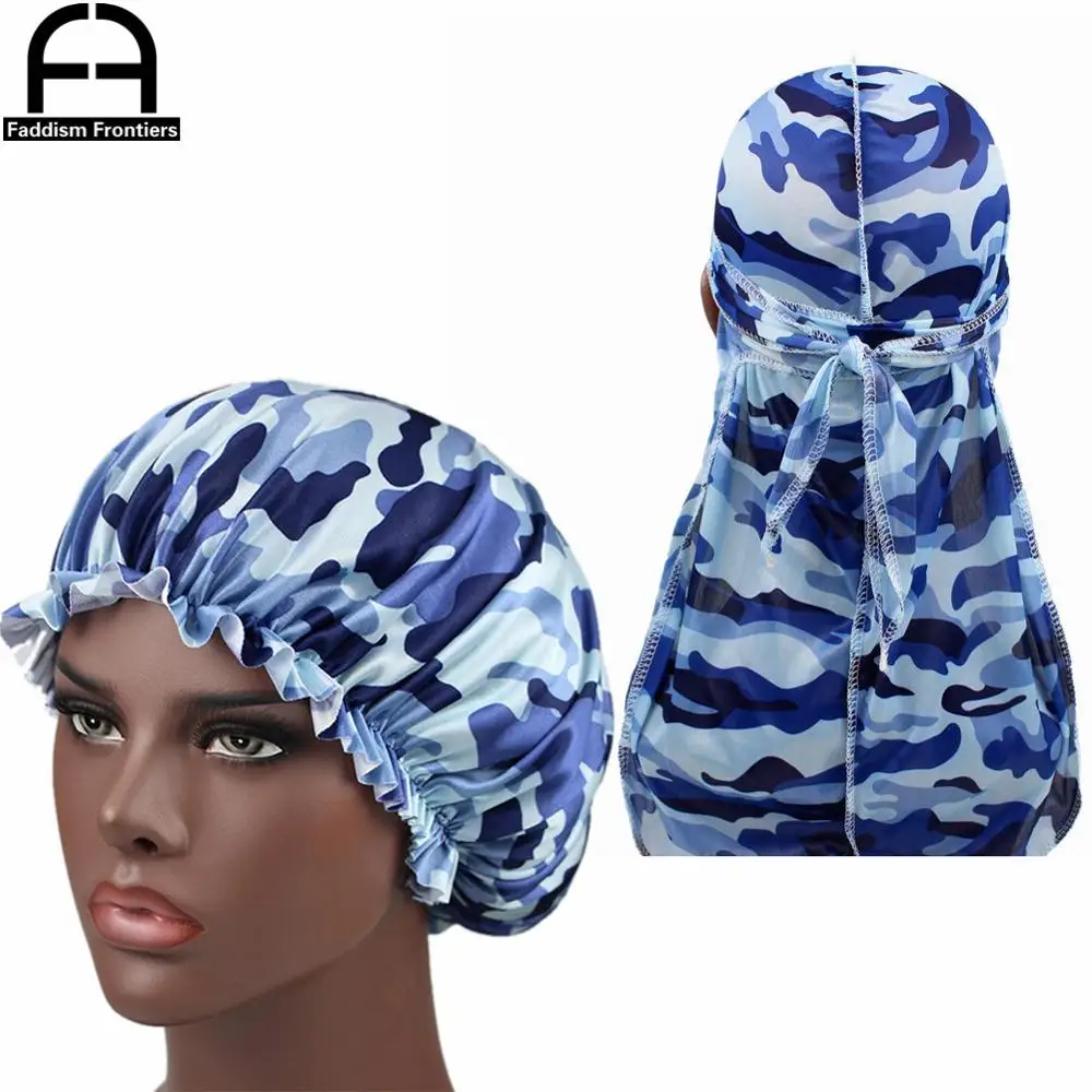 Camo Silky Durag dopasuj czapkę kobiety wzór moro nadruk na tkaninie Ankara czapeczki czapka do spania damskie Turban