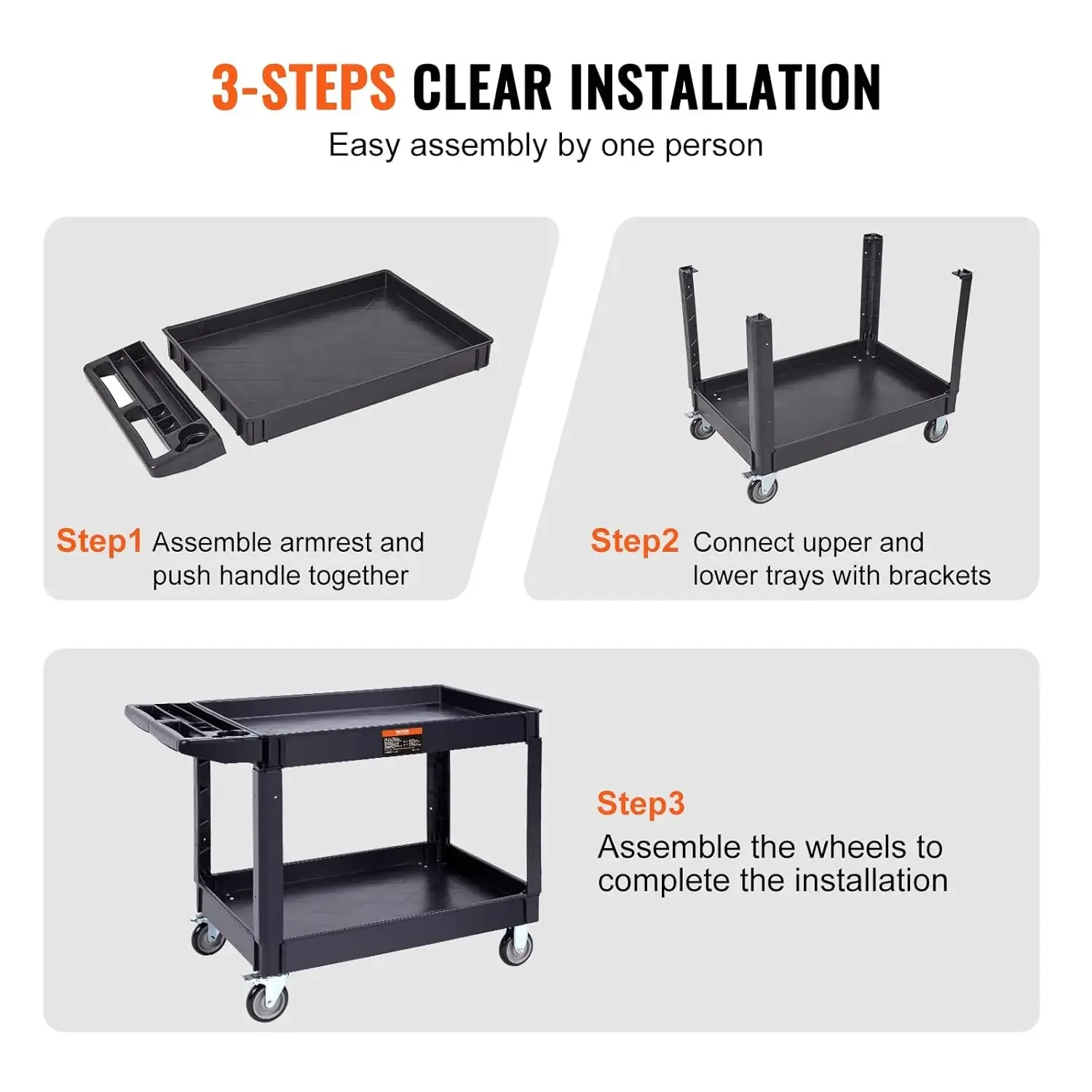 Utility Service Cart, 2 Shelf 550LBS Heavy Duty Plastic Rolling Utility Cart with 360° Swivel Wheels (2 with Brakes)