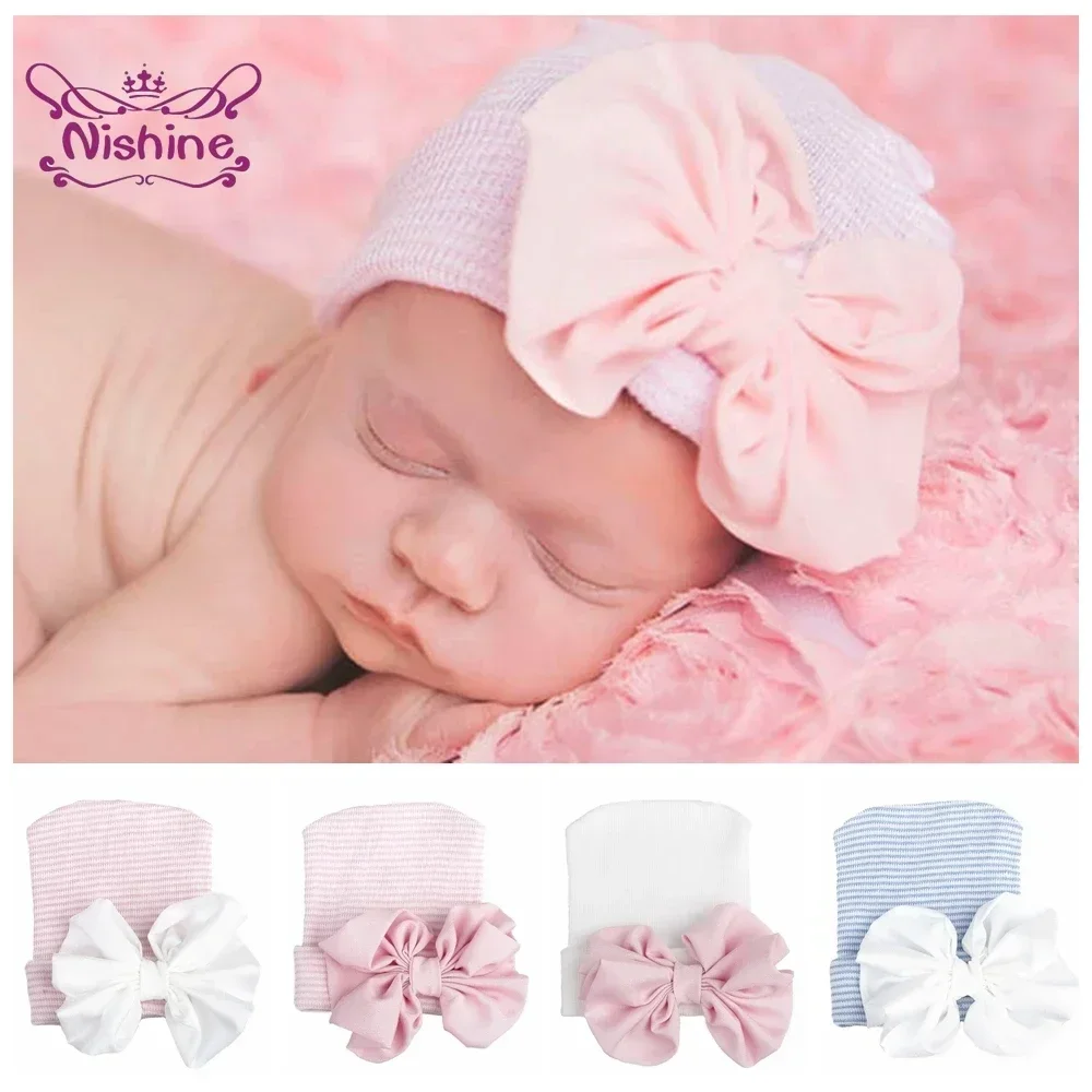 Nishine Newborn Baby Girl Chiffon Bowknot Hat Infant Big Bow Cap Kid Stripe Knitted Bonnet Toddler Hair Accessories Photo Props