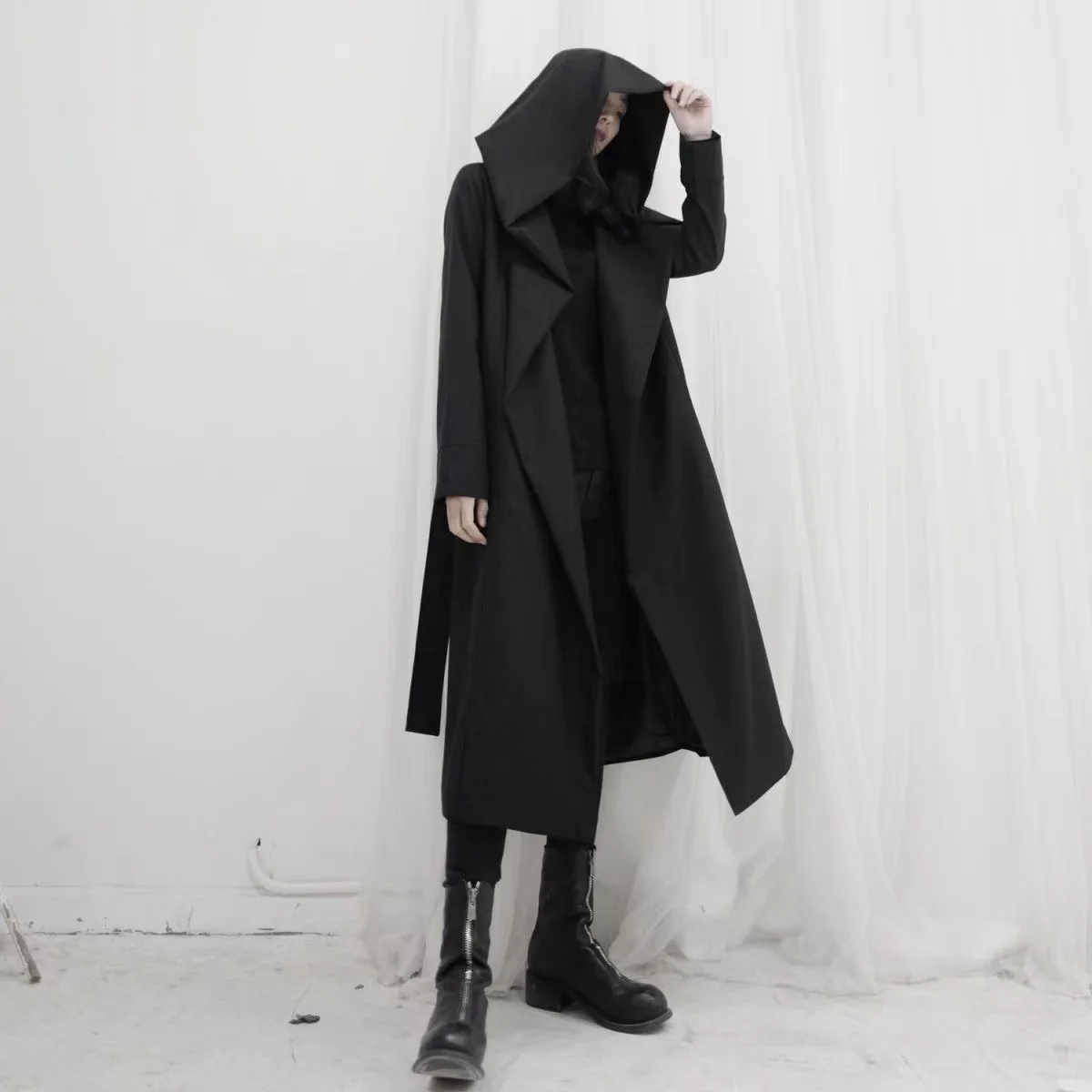 

ARENS Hooded Trench Coat Men and Women Gothic Punk Lace Up Cardigan Long Windbreaker Fall Korean Dark Black Style Punk Overcoat