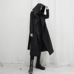 ARENS Hooded Trench Coat Men and Women Gothic Punk Lace Up Cardigan Long Windbreaker Fall Korean Dark Black Style Punk Overcoat