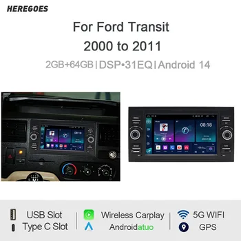 7-calowe radio samochodowe Android Type-C do Forda Transit (2000-2011) z bezprzewodowym CarPlay, Android Auto, nawigacją GPS, Bluetooth i sterowaniem kierownicą.
