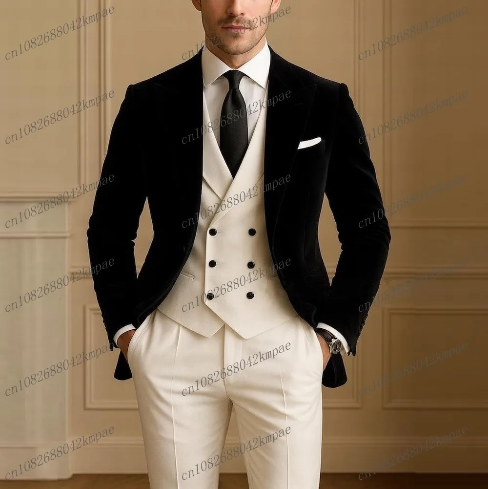 

Черный бархатный белый деловой мужской костюм для жениха, жениха, свадебной вечеринки, выпускного вечера, деловые мужские смокинги, комплект из 3 предметов, пиджак, жилет, брюки
