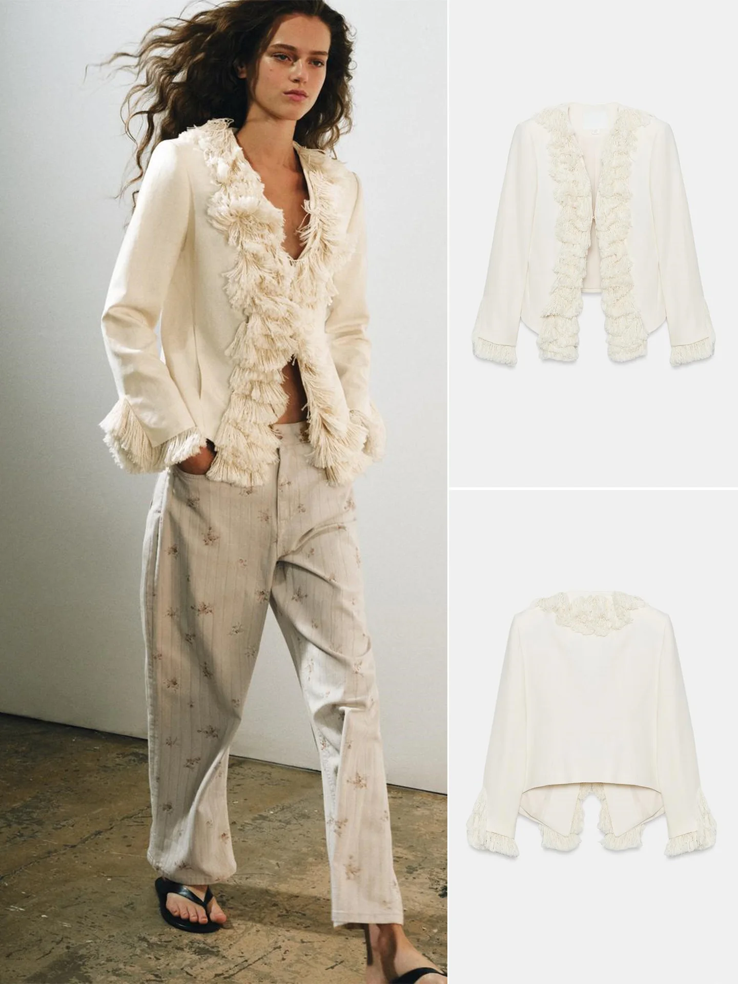 Fall New Women's Long Sleeve V-neck Fringe Decoration Asymmetric Hem Jacket French Style Standard Fit Polyester Fiber Short Coat