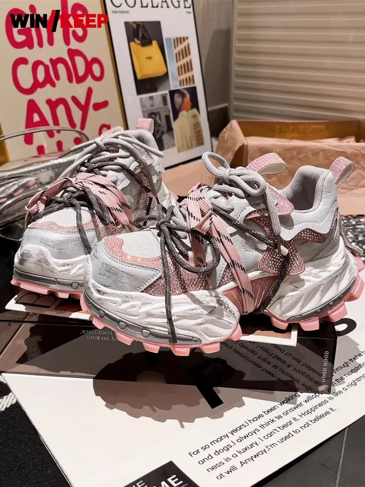 Women Lace Up Shiny Diamonds Thick Platform Running Shoes Breathable Spliced Outdoor Sports Sneakers Height Increasing Footwear