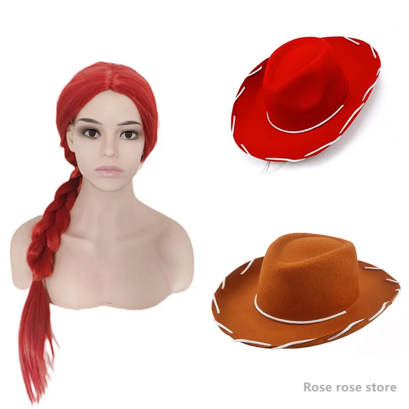 Anime Toys Halloween women Jessie cosplay wig role play red braided hair cowboy hat woody cap