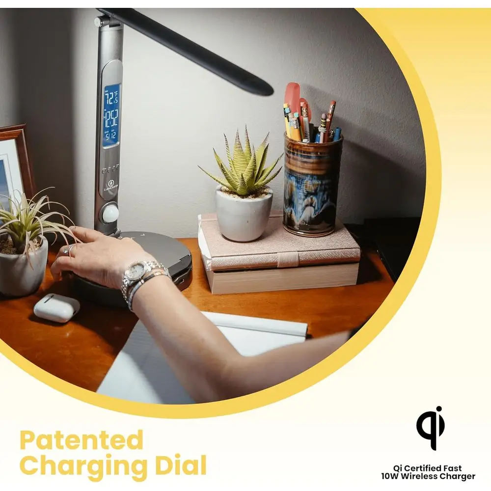 Dimmable LED Desk Lamp with Qi Wireless Charger, 10W Fast Charging, Motion Sensor, Calendar, Alarm Clock, USB Port - Compatible
