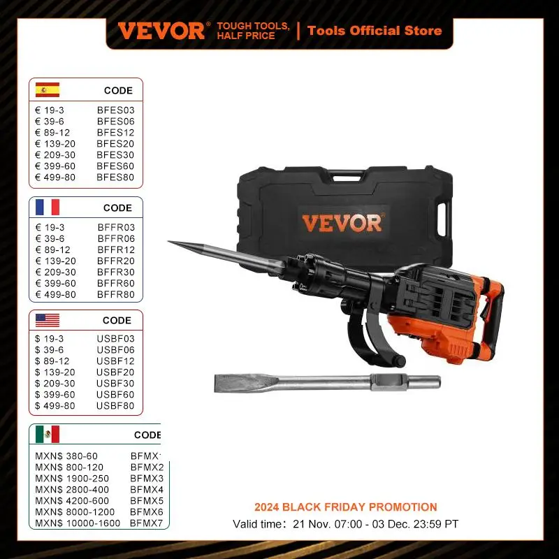 VEVOR Demolition Jack Hammer 3500W Concrete Breaker 2pcs Chisel w/ Gloves for Trenching 1900 BPM Heavy Duty Electric Jack Hammer